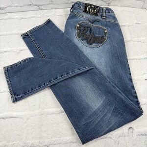 APPLE BOTTOMS JEANS‎ Size 11/12 Y2K Tapered RARE Black Embroidered Logo 34x32